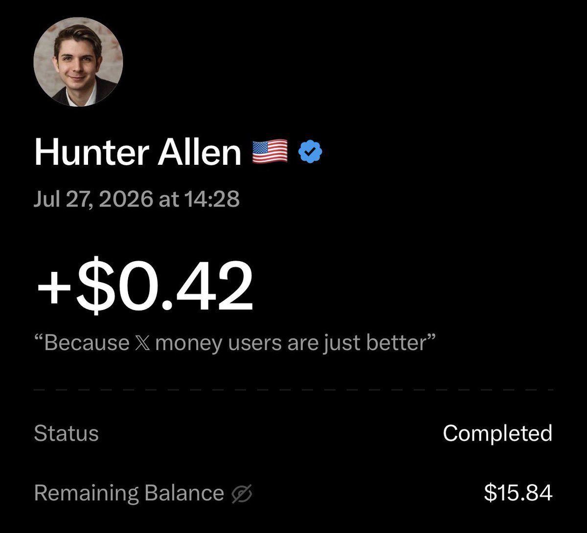 MattWallaceTech's tweet photo. I’m now $15.84 wealthier due to XMoney, @SawyerMerritt and @hunterallen haha https://t.co/89VmOrFFkn