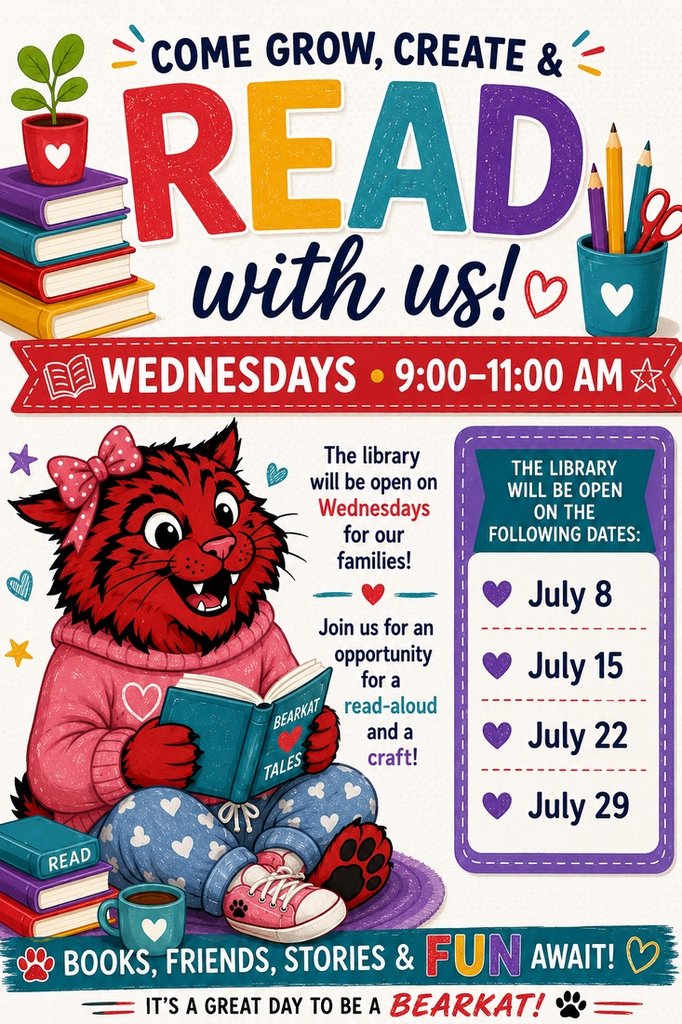 GCkats's tweet photo. This Wednesday is our final Summer Library day! 

Please bring back any library books you’ve checked out, and come spend one last morning with us. We can’t wait to see all of our Bearkats there! https://t.co/ILPSzXC5gG