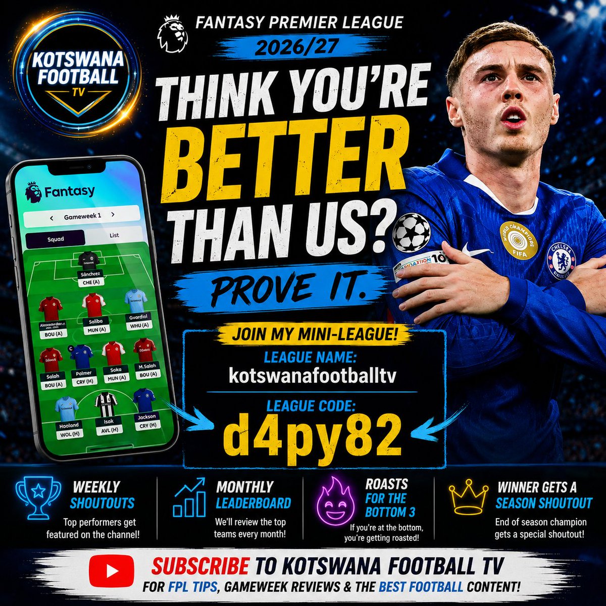 Kotswana_22's tweet photo. ⚽ Think you're better than us at FPL? Prove it.
Join the KotswanaFootballTV Fantasy Premier League mini-league!
🏆 League Code: d4py82
Let's see who really knows football. 👀🔥
#FPL #FantasyPremierLeague #PremierLeague #FantasyFootball #Chelsea #FootballT https://t.co/9Jljfs6VHH