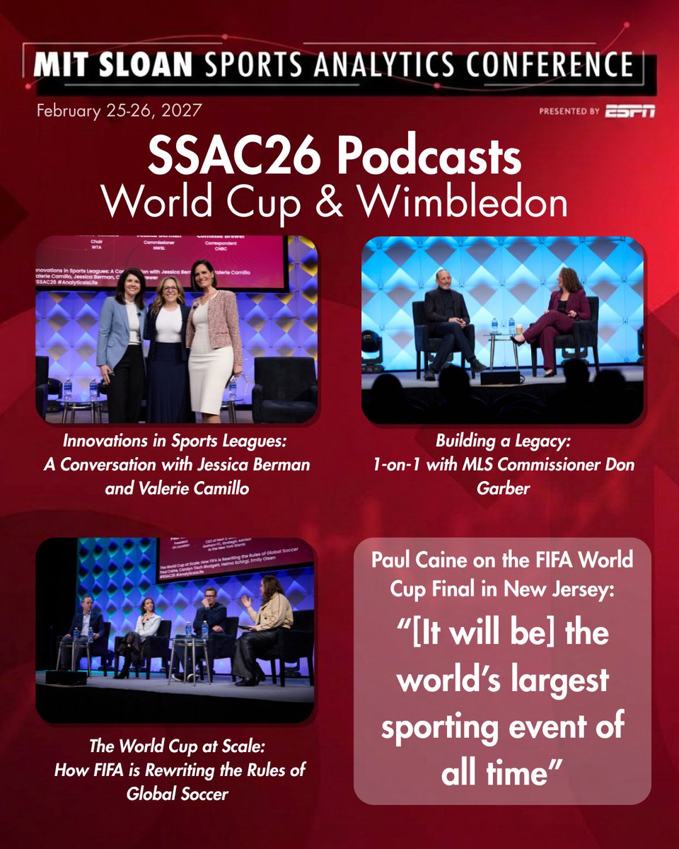 SloanSportsConf's tweet photo. As Wimbledon wraps and the FIFA Club World Cup concludes, revisit three #SSAC26 conversations shaping the future of sports: @WTA, @NWSL, and @MLS on league innovation, @FIFA on the road to 2026.
Full panels are live! π https://t.co/n2im8ZVSWp
#SportsAnalytics #AnalyticsIsLife https://t.co/Q5SuboLbqv