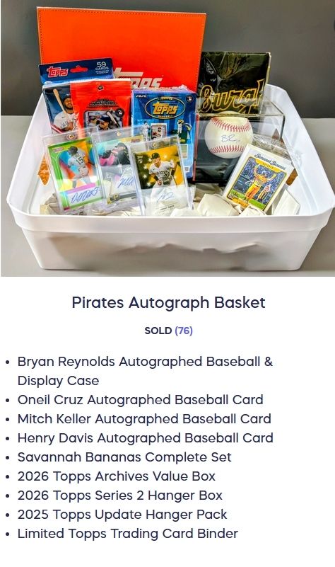 LeboBaseball's tweet photo. ONE MORE DAY to WIN this Pirates Autograph Basket! Follow the link to our Cooperstown/PONY World Series Online Basket Raffle: https://t.co/iVP9TbRtbB https://t.co/LOc3tKq5m8