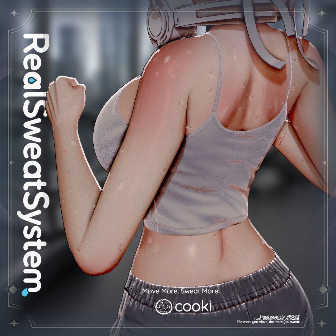 cookipiece_'s tweet photo. ✨💦 REAL SWEAT SYSTEM — NOW ON GUMROAD 💦✨

Move more. Sweat more.

A real-time, movement-driven sweat system for VRChat PC avatars.
Surface sweat, gravity-driven flow, falling drops, floor stains, body steam and visible breath.

🔥 Launch Sale until August 4, 23:59 JST
Full Pack — $5.99
Base / Effects — $3.99 each

🔗 https://t.co/1COeI94pSl

#VRChat #VRChatAssets #RealSweat