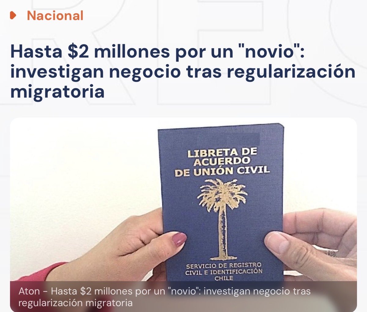 JavierOlivares's tweet photo. 🇨🇱Los Acuerdos de Unión Civil se están transformando en un nuevo chanchullo utilizado por ilegales para obtener residencias de manera fraudulenta en Chile.

Entre 2022 y 2025 se concedieron 7.324 residencias temporales solicitadas tras la celebración de Acuerdos de Unión Civil.

La situación es alarmante: las solicitudes pasaron de 1.946 en 2024 a más de 4.200 en 2025, es decir, más del doble en apenas un año. Y durante lo que va de 2026 ya se registran 2.268 nuevas peticiones,

Por esta razón, he solicitado la comparecencia en el Congreso de las autoridades del Registro Civil, del Director del Servicio Nacional de Migraciones y de todos los responsables de fiscalizar este sistema, para que expliquen qué medidas se están adoptando para impedir que se siga utilizando este mecanismo para vulnerar nuestra legislación migratoria y la fe pública.

🇨🇱 Por Chile, siempre por la Patria.