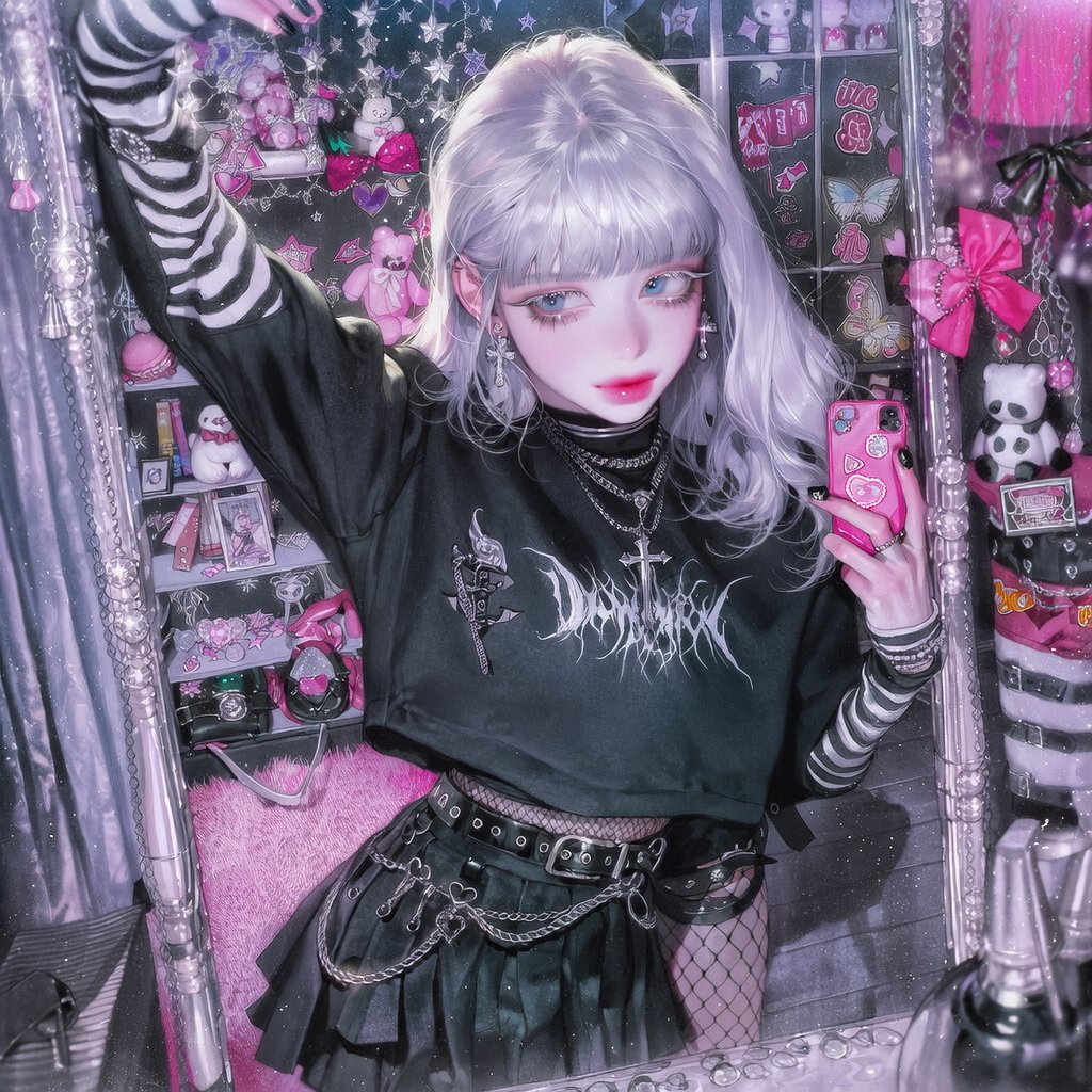 Jin_OAOa's tweet photo. 셀카 Prompt

[여캐 프롬]

black kitch fashion, stylish harajuku aesthetic,  wearing an oversized black graphic hoodie layered over a lace-trimmed mini dress, pleated skirt, fishnet stockings, chunky platform boots, silver chains, heart-shaped belt, safety pin accessories, ribbon details, gothic cross necklace, stacked rings,  soft smoky makeup, glossy lips, confident expression, playful pout,  taking a mirror selfie pose, one arm raised naturally as if holding a phone outside the frame, phone not visible, looking slightly away from the mirror,  alternative fashion bedroom, black and pink decor, sticker-covered mirror, plush toys, fashion magazines, star-shaped fairy lights, butterfly ornaments,  black and hot pink color palette, cute yet edgy atmosphere