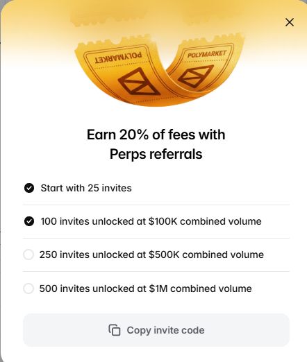 vonzz6's tweet photo. polymarket的永续合约邀请机制更改了：根据你自己交易量加上你的邀请人的交易量来解锁更多多的名额，10万交易量可以邀请100人，50万交易量可以邀请250人，100万交易量可以邀请500人，不过说实话这个交易量其实并不难，花点手续费还是可以轻松拿下的😂

大家可以用我的链接注册下：https://t.co/VjrraKnqfg