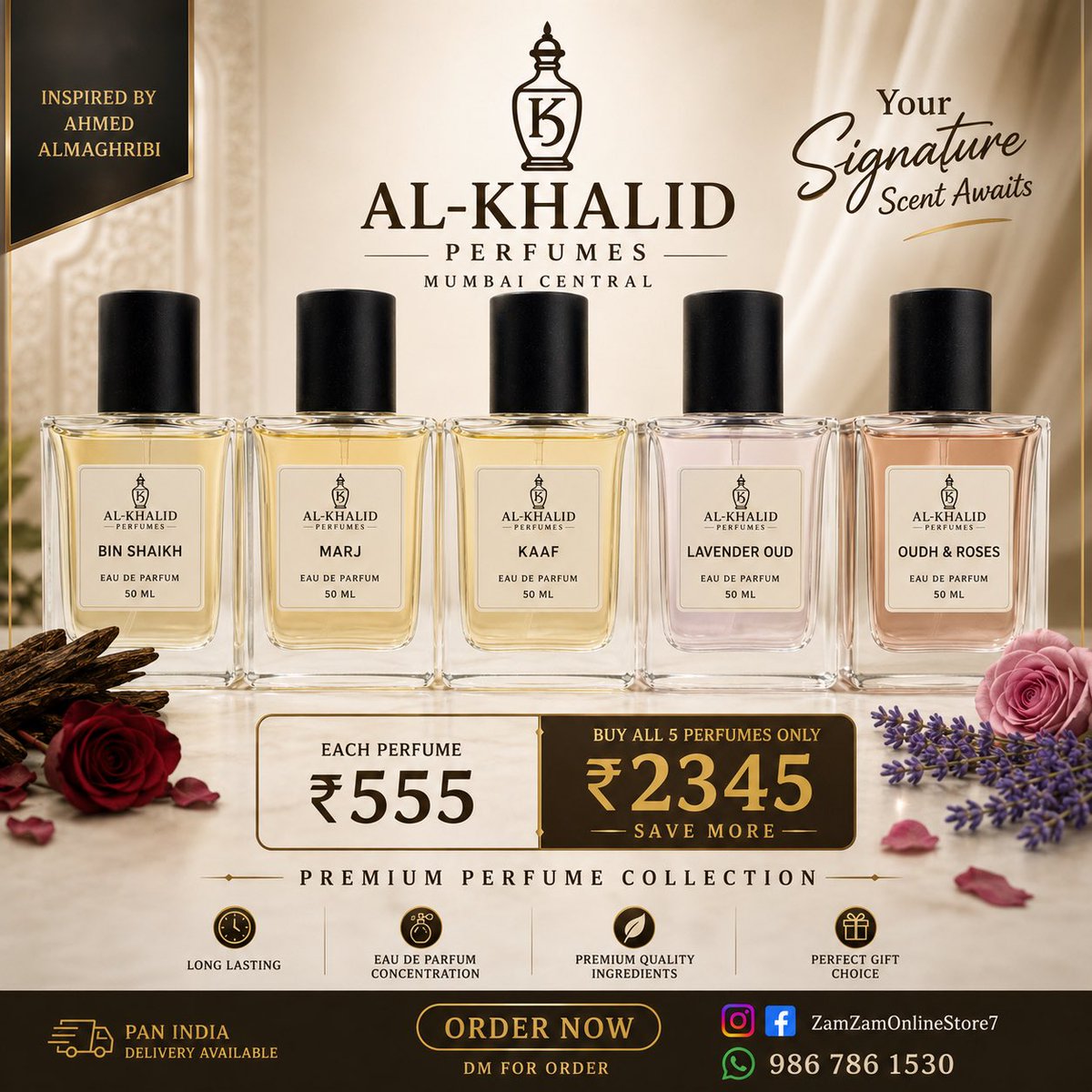 KhalidPalanpuri's tweet photo. Ahmed AlMaghribi Inspired Perfume Collection | 50 ML EAU DE PARFUM | AL-KHALID PERFUMES | ₹555 Each | Combo ₹2345
#BinShaikh #Marj #Kaaf #LavenderOud #OudhAndRoses https://t.co/48eTcx1Rg6