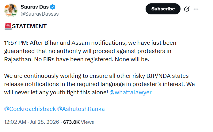 theslatemedias's tweet photo. 'No Youth Will Fight This Alone'

Saurav Das Claims Rajasthan Assures No FIRs Against NEET-UG Protesters.

#protestbihar #ProtestAgain #cjparty #rajasthan #fir #NEETQuestionPaperLeak https://t.co/Ksx2vDT9rE