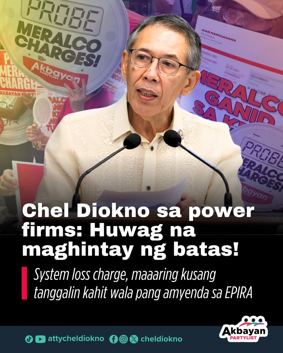 ChelDiokno's tweet photo. SYSTEM LOSS CHARGE, HUWAG NANG IPASA SA CONSUMERS!

Nanawagan tayo sa lahat ng power distribution companies, kabilang ang Meralco:

Huwag nang hintayin ang pag-amyenda sa Electric Power Industry Reform Act (EPIRA). Kaya niyo nang itigil ngayon ang pagpasa ng system loss charge sa mga consumers.

Hindi dapat pinapabayaran sa taumbayan ang kuryenteng nawala o nanakaw. Kailangan ng mga pamilya ng agarang ginhawa sa kanilang electric bill.