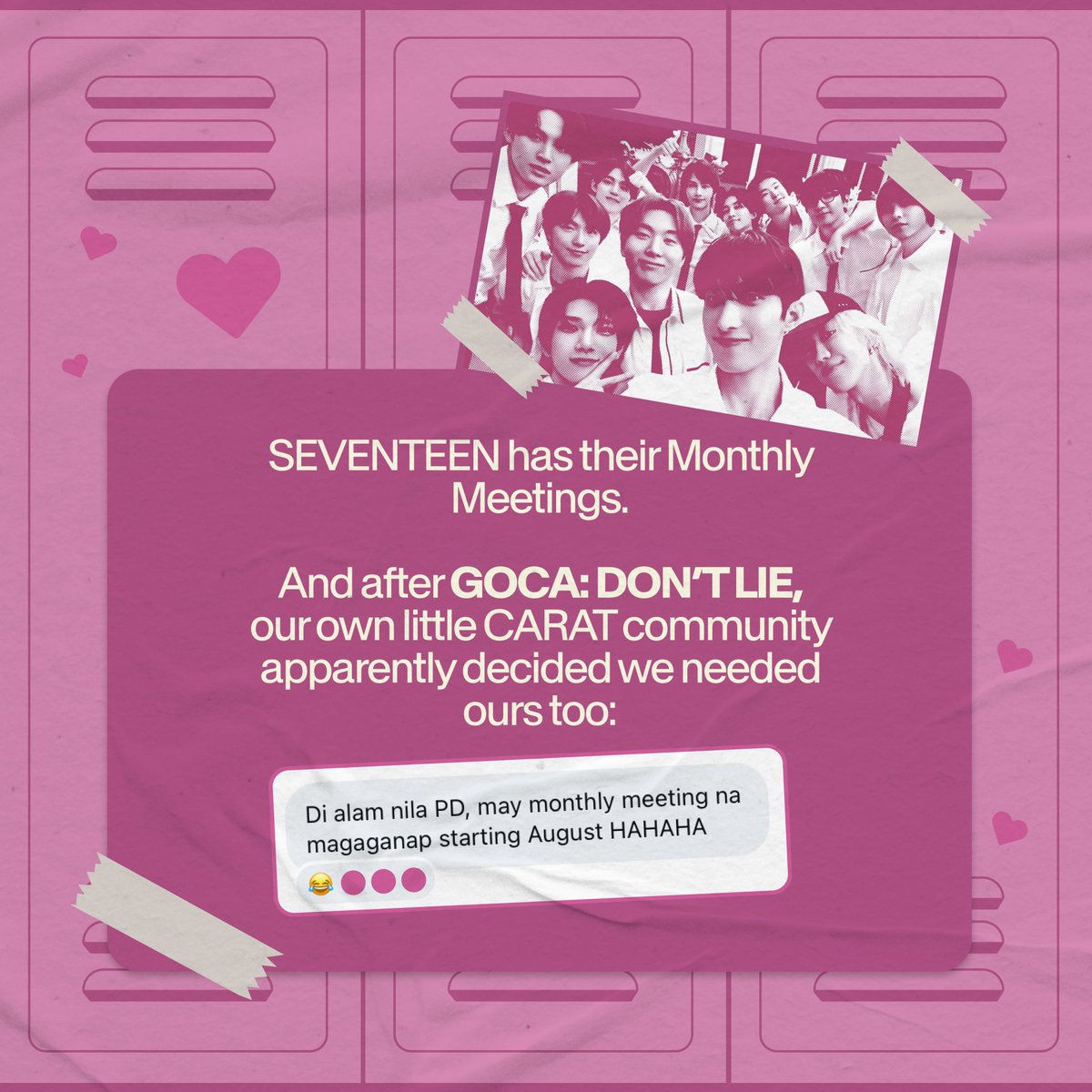 goingcaratph's tweet photo. What happens when the event ends… but no one actually wants to stop hanging out?🥹💎

So while our next big GOSE-inspired event takes time, we thought—why wait? 👀

Introducing GOCA Monthly Meetings

🎢Enchanted Kingdom
📅Aug 30
Open invite
#SeventeenMonthlyMeeting #GoingCaratPH https://t.co/LmclCkBnXz