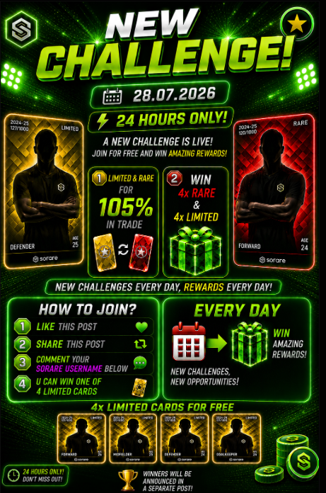PawelTrader_'s tweet photo. 🚨 NEW CHALLENGE IS LIVE! 🚨

⏰ 24 HOURS ONLY!
📅 28.07.2026
💱 Trade your Limited & Rare cards for 105% value!

🎁 Rewards
🏆 4× Rare Cards
🏆 4× Limited Cards

🎁 Bonus: You could win 1 of 4 Limited Cards just for participating!
How to join:
❤️ Like this post
🔁 Repost this post
💬 Comment your Sorare username below
⏳ The challenge ends in 24 hours.
🏆 Winners will be announced in a separate post.

🍀 Good luck to everyone!

#Sorare #Giveaway #FantasyFootball #Football #TradingCards #SorareCommunity #FC26