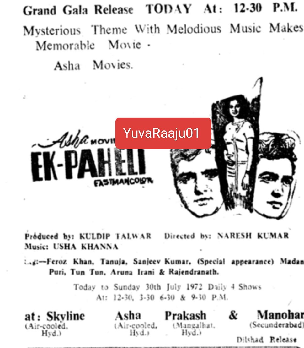 YuvaRaaju01's tweet photo. #54YearsForForEkPaheli
Starring: #SanjeevKumar, #FerozKhan

Hyd - SKYLINE - 7Days RUN Replaced with #Farz

Secbad - MANOHAR - 7Days RUN Replaced with #Dharti https://t.co/dxgBjEIAy4