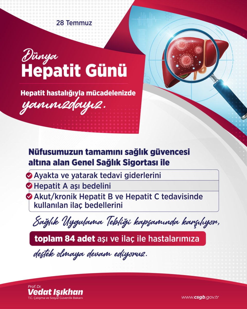 isikhanvedat's tweet photo. Hepatit hastalığıyla mücadele eden vatandaşlarımızın yanındayız.

Sosyal Güvenlik Kurumumuz aracılığıyla:

✅Ayakta ve yatarak tedavi giderlerini,
✅Hepatit A aşı bedelini,
✅Akut/kronik Hepatit B ve Hepatit C tedavisinde kullanılan ilaç bedellerini karşılıyoruz.
✅Geri ödeme listemizde yer alan 84 adet aşı ve ilaç ile tedavi süreçlerinde hastalarımızı destekliyoruz.

Vatandaşlarımızın tedavi imkanlarına ulaşmasını daha da kolaylaştırmak için adımlar atmaya devam edeceğiz.