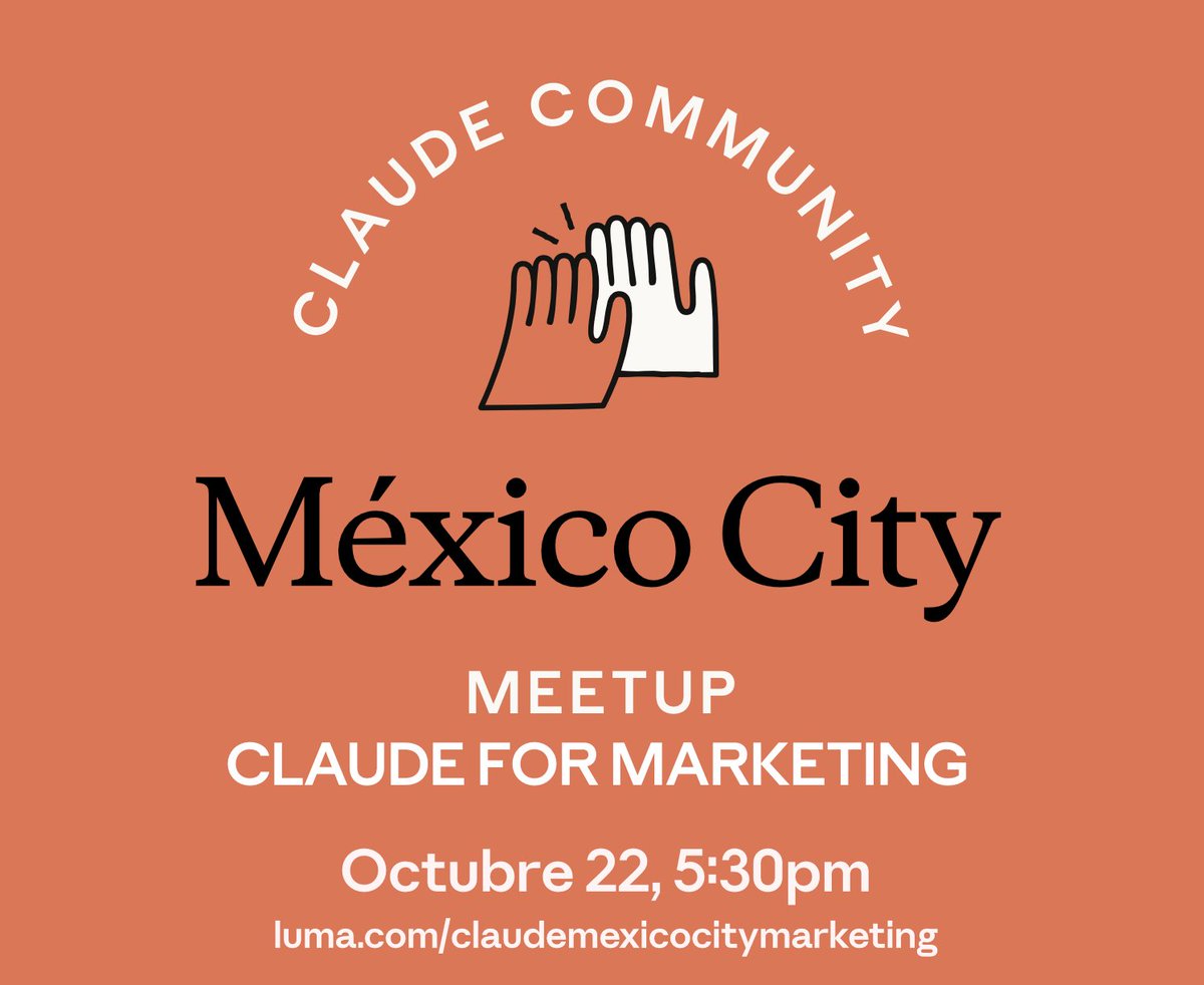 soyrichlira's tweet photo. First edition of Claude for Marketers in Mexico City 🇲🇽📌

Brand, growth, content, and creative teams: talking  about how AI is already changing marketing.
Hosted at Pinterest: the home of inspiration.

🗓️ Friday, October 23
⏰ Doors 5:30 PM · Program 6:00 PM sharp
📍 Pinterest · Mexico City

Real cases, live demos, zero pitch. No technical background needed.

Limited spots 👉 https://t.co/P9QWFFDORV

#Mexico #CDMX #Claude #AI #Marketing #MarTech