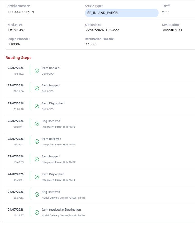 amy6147's tweet photo. @IndiaPostOffice where is my parcel No. ED344490969IN booked on dt. 22/07/2026

No update after 24.07.2026. Where is it ?

Still showing in transit. it has been 6 days now and you are not able to deliver it within Delhi. https://t.co/JcpWSHtMcH