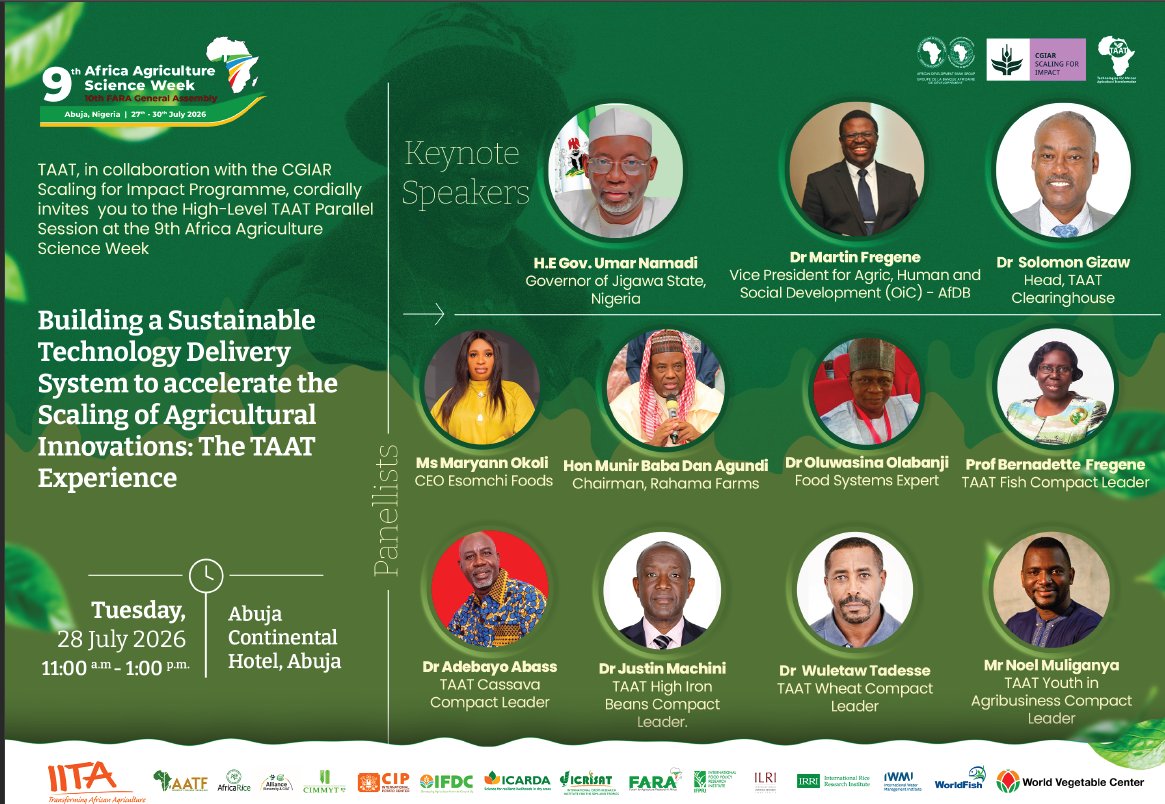 Taat_Africa's tweet photo. #JoinUs  #AASW9 for a hybrid parallel session on #TAAT!  🕚 11:00 – 13:00 WAT
 📍Main Hall, Abuja Continental Hotel + Online; https://t.co/nFH1XGKm2n
🎤Meet the keynote speakers below.

#EngageTAAT #AgricultureScienceWeek #InnovationSystems #AgrifoodSystems #TAATExperience #LessonsLearnt #Scaling4Impact

@AfDB_Group @Groupe_AfDB @gatesfoundation
@GatesAfrica @CGIAR @CGIARScaling
@IITA_CGIAR @AFSTA_Seed @SeedFed @ReutersAfrica @Better_Seed @EuroseedsEU
@ISTAseedtesting @ScienceAlly @ippcnews
@AFP @ReutersWorld @afaasinfo @AUC_CAADP
@NEPAD_Agency @ccardesaa @CORAFNews
@ASARECA @SAA_africa @WorldBank @giz_gmbh
@jica_direct_en @FARAinfo @mfregene77 @InnocentMus @EnockChikava @CGIAR_EMD
@simeonehui @TJKrupnik @BVanlauwe @sagizaw_TAAT @RachelMulangala