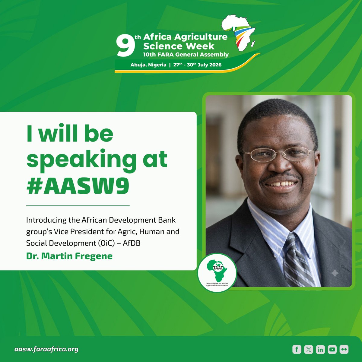 Taat_Africa's tweet photo. #JoinUs  #AASW9 for a hybrid parallel session on #TAAT!  🕚 11:00 – 13:00 WAT
 📍Main Hall, Abuja Continental Hotel + Online; https://t.co/nFH1XGKm2n
🎤Meet the keynote speakers below.

#EngageTAAT #AgricultureScienceWeek #InnovationSystems #AgrifoodSystems #TAATExperience #LessonsLearnt #Scaling4Impact

@AfDB_Group @Groupe_AfDB @gatesfoundation
@GatesAfrica @CGIAR @CGIARScaling
@IITA_CGIAR @AFSTA_Seed @SeedFed @ReutersAfrica @Better_Seed @EuroseedsEU
@ISTAseedtesting @ScienceAlly @ippcnews
@AFP @ReutersWorld @afaasinfo @AUC_CAADP
@NEPAD_Agency @ccardesaa @CORAFNews
@ASARECA @SAA_africa @WorldBank @giz_gmbh
@jica_direct_en @FARAinfo @mfregene77 @InnocentMus @EnockChikava @CGIAR_EMD
@simeonehui @TJKrupnik @BVanlauwe @sagizaw_TAAT @RachelMulangala