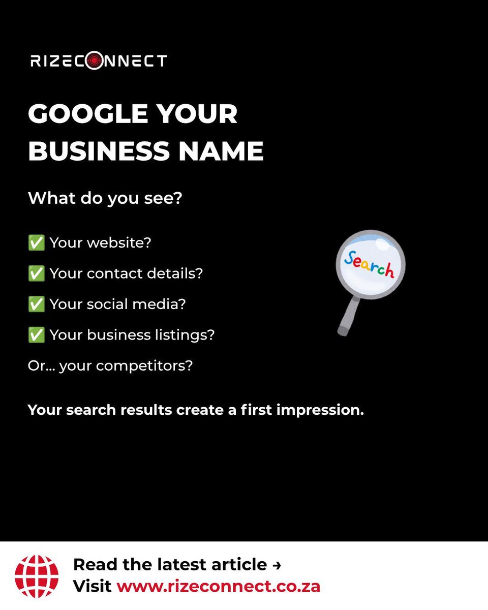 Rizeconnect_'s tweet photo. Have you Googled your business lately?

Your search results create a first impression before customers even visit your website.

Learn what to look for and how to improve your online discoverability.

📖 https://t.co/Mmw7ccEmil 

#SmallBusiness #Discoverability #GoogleBusiness https://t.co/Y67TvjacGN