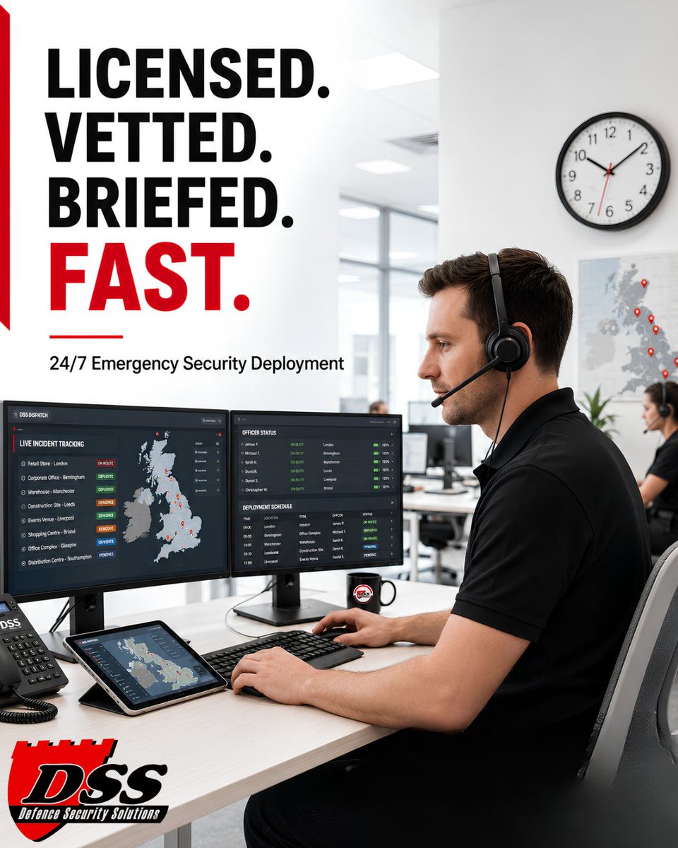 Security_DSS's tweet photo. How fast can security actually be deployed?
As quickly as possible without compromising proper vetting.
✅ 24/7 Operations
✅ SIA Licensed Officers
✅ Fully Vetted &amp; Briefed

🌐 https://t.co/9rzdfxRZyO
☎️ 0203 490 8070
#UKSecurity #EmergencySecurity #SIALicensed #SecurityGuards https://t.co/zh8RSTt2Lo