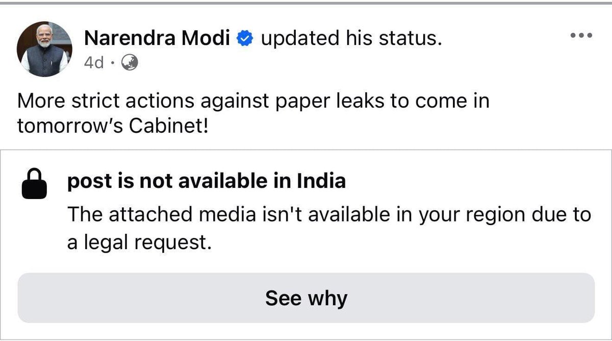 PuneetVuneet's tweet photo. So I think, maybe, maybe there have been a blanket request to ban posts in India containing the keyword "Paper Leaks" and this post got caught up in that sweep.
 
Experts may be able to explain it better. https://t.co/ErI6AtBWFa