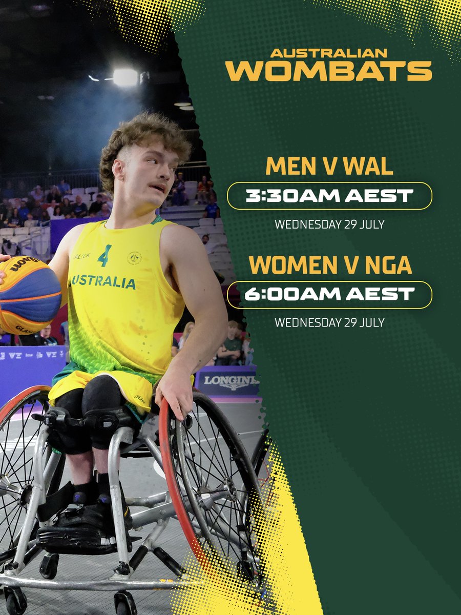 BasketballAus's tweet photo. Early start, big games 👀

Don't miss the Wombats in the Quarter-finals bright and early tomorrow morning!

Live on Seven and 7plus Sport.

#GoWombats | #Glasgow2026 https://t.co/iDKs5YYGNL