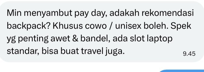 hrdbacot's tweet photo. #DariDM 

Tas dirange harga 600an buat cowok apaa guys yg rekomen? 

Kalian kerja pake tas apa? https://t.co/RvKptJVqeL