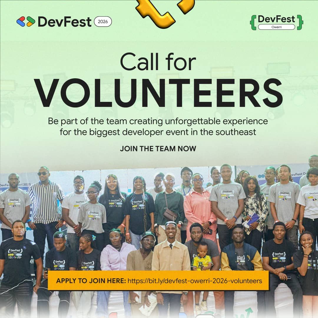 gdgowerri's tweet photo. DevFest Owerri is coming!*
*And we need YOU to help us pull it off 💪*

We’re looking for passionate people to join the volunteer team and help us make the biggest dev event in Owerri a success.
Ready to volunteer with us?  
*Apply using the link below* 👇
https://t.co/1Al17jOkvH https://t.co/gZCFcIEGjn