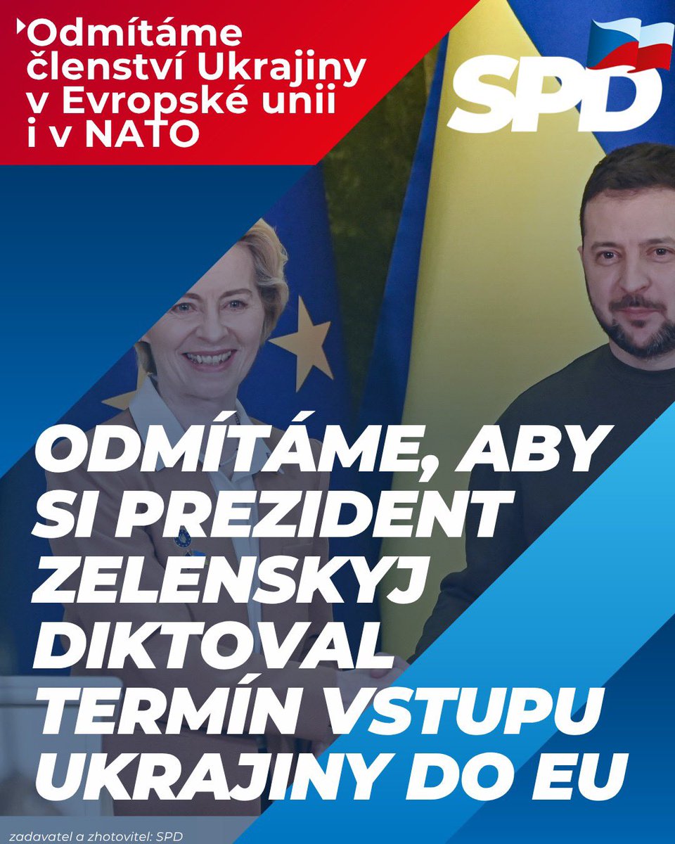 tomio_cz's tweet photo. Prezident Zelenskyj si diktuje termín vstupu do EU. SPD odmítá členství Ukrajiny v EU i v NATO. 🚫🇺🇦🇪🇺Rakouská vláda kritizovala ukrajinského prezidenta Volodymyra Zelenského za to, že nepřiměřeně tlačí na Evropskou unii (EU), aby co nejrychleji přijala jeho zemi za svého plnoprávného člena. Něco takového není možné, zdůraznila rakouská ministryně pro evropské záležitosti Claudia Bauerová, informovaly Novinky. 

☝„Podle mého názoru ukrajinský prezident v posledních měsících přitahuje více pozornosti tím, že by nejraději sám nadiktoval termín vstupu do EU. Turbo přistoupení jen tak na požádání samozřejmě není možné,“ uvedla Bauerová.

❗SPD odmítá jakoukoli formu členství Ukrajiny v EU či v NATO. Důvodů je několik. Nechceme, aby naši občané museli z rozpočtu EU financovat rozvrácenou ekonomiku Ukrajiny. Navíc jde o velmi zkorumpovaný stát, takže spousta peněz by se tam rozkradla. Nechceme, aby ukrajinské mafie měly volný pohyb po Evropské unii. Také nechceme být vtaženi do války s Ruskem. Lisabonská smlouva (platná od 2009) posílila společnou bezpečnostní a obrannou politiku (SBOP) EU zavedením doložky o vzájemné obraně (čl. 42 odst. 7 SEU). Ta stanoví, že pokud je členský stát napaden, ostatní musí poskytnout pomoc všemi prostředky.

❗Občané Ukrajiny by v naší zemi též mohli jako občané EU zůstat a mohli by se sem navíc stěhovat další imigranti z Ukrajiny. A bývalí navrátivší se vojáci z fronty by určitě nepřispěli k bezpečnosti naší země. Občané Evropské unie mohou svobodně pobývat v jakékoliv zemi Evropské unie – volný pohyb osob je jednou ze základních svobod zaručenou občanům na základě unijního práva. Také odmítáme jakékoli nestandardní kroky při případné přijímacím řízení.

☝EU má podle rakouské ministryně Bauerové povinnost pečlivě zvažovat schopnost Ukrajiny stát se členem unie. „Vstup Ukrajiny s 39 miliony obyvatel a zcela jinou strukturou zemědělství by EU zásadně změnil,“ dodala Bauerová, 31letá členka Rakouské lidové strany (ÖVP) kancléře Christiana Stockera. Při posuzování schopnosti kandidátů vstoupit do unie podle ministryně není možné používat dvojí metr. „Všichni uchazeči o vstup, včetně Ukrajiny, podle ministryně musí dodržovat stejná pravidla a zasloužit si členství v EU na základě svého výkonu,“ řekla Bauerová.

➡„Z dnešního pohledu nevidím nic, co by naznačovalo, jak by se v nejbližších letech mohl uskutečnit plnohodnotný vstup Ukrajiny do EU,“ uvedla dále rakouská ministryně. Poukázala na fakt, že Ukrajině se stále nachází ve válce.

➡„Právě proto musíme být upřímní a nesmíme lidem dávat falešné sliby. Nikdo dnes nedokáže vážně předpovědět, jak válka skončí a jaké politické, hospodářské a institucionální podmínky tam budou poté existovat,“ vysvětlila Bauerová. Proto podle ní nelze stanovovat umělé termíny, které pak nebude možné dodržet.

➡Bauerová narážela na dřívější výroky předsedkyně Evropské komise Ursuly von der Leyenové, podle nichž by Kyjev mohl vstoupit do EU v roce 2029 nebo 2030. Ukrajina má od roku 2022 status kandidáta členství v unii. Letos v červnu Brusel otevřel s Kyjevem prvních sedm z celkového počtu 35 vyjednávacích kapitol vstupu do EU.

 #Ukrajina #Eu