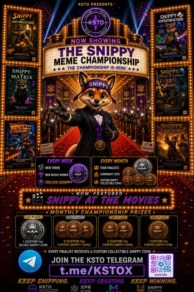 Keep_Snipping's tweet photo. 🎬🍿 NOW SHOWING... THE SNIPPY MEME CHAMPIONSHIP! 🍿🎬

Lights. Camera. SNIPPY!

We're launching a brand-new weekly community competition where creativity takes center stage.

🎥 Week 1 Theme: SNIPPY AT THE MOVIES

Create your best movie-inspired Snippy meme or poster and show the community what you've got!

🏆 Every Week
🎬 New Theme
🏅 Weekly Winner
💰 500,000 $SNIPPY
🏆 Every Month
⭐ Four Weekly Champions become Monthly Finalists
🗳️ Community Vote
🥇 Win exclusive custom SNIPPY Silver & Copper 
Collectible Coins
This is just the beginning.
The Snippy Cinematic Universe is officially open. 🎥🦊

👇 Join the community and get ready for Week 1!

📲 https://t.co/ZWKNcvrbxX

#SNIPPY #KSTO #XPRNetwork #Metallicus #CryptoCommunity #Memes #Web3 #DigitalCollectibles #NFTCommunity #MovieNight #KeepSnipping