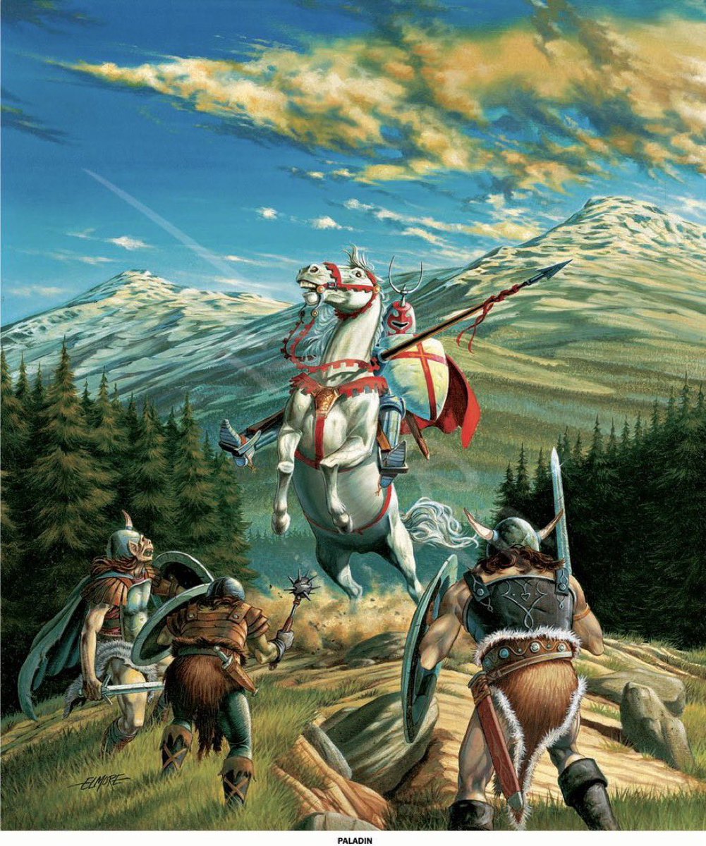 YoDanno's tweet photo. This is what a Paladin looked like before prestige classes, subclasses, and optimization guides.

Larry Elmore’s Paladin (1982) became one of the defining images of AD&D. It appeared in TSR promotions, graced the cover of Dragon Magazine #62, and believe it or not could even be bought as a poster through the Sears Christmas catalog.

One knight. Three orcs. No hesitation.

Sometimes a single painting can define an entire generation of D&D.