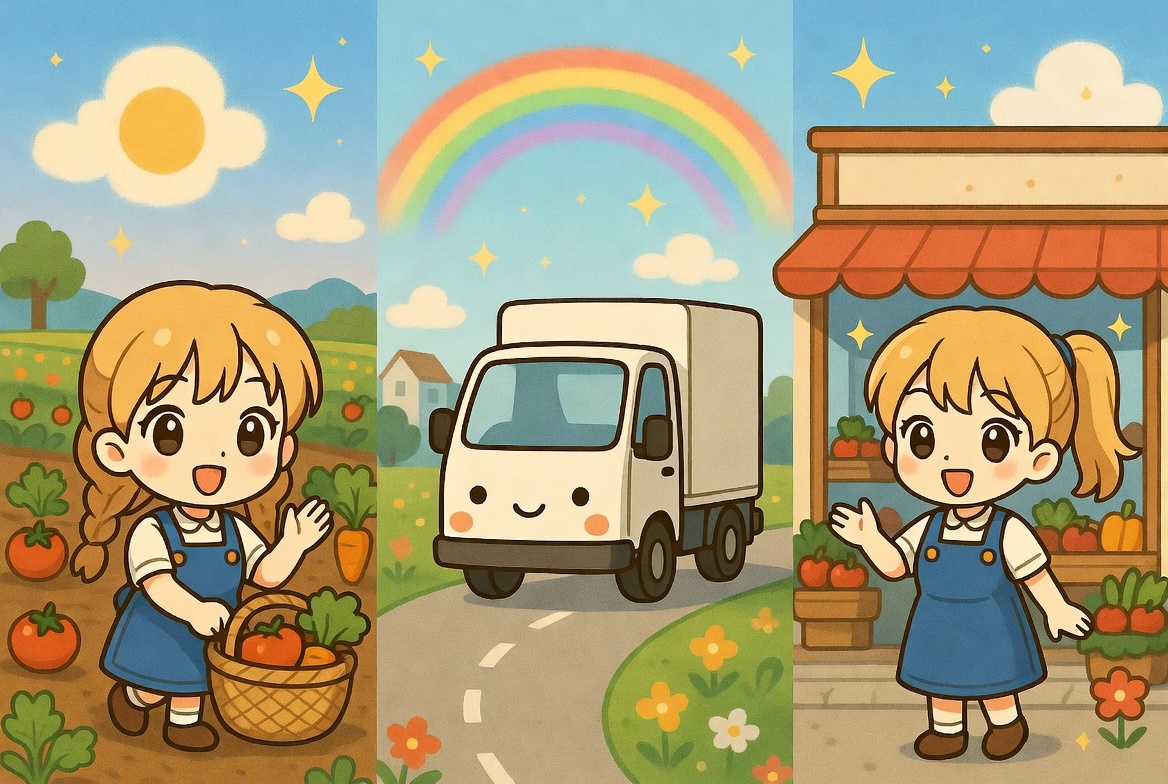 oacxe's tweet photo. おいしさ運ぶ旅の道🛒

とことこ畑を出発🌾
ごとごと町へ向かう🚚

わくわくお店に到着🏪
笑顔のごはんこんにちは🍅

ありがとうが届いたね🌈
大切にいただこう✨

#食べもの #流通 #地産地消 https://t.co/h2LISuVeUy