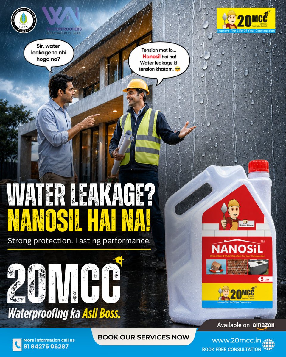 20MCC_Chemicals's tweet photo. Tension kyu lena… jab Nanosil hai?
No leakage. No dampness. No worries.
20MCC Waterproofing delivers strong, reliable protection that keeps your walls safe in every season.🌐 https://t.co/h0VKM5CIZs

#20MCC #Nanosil #Waterproofing #WaterproofingSolutions #MonsoonReady https://t.co/oooVWNK7co