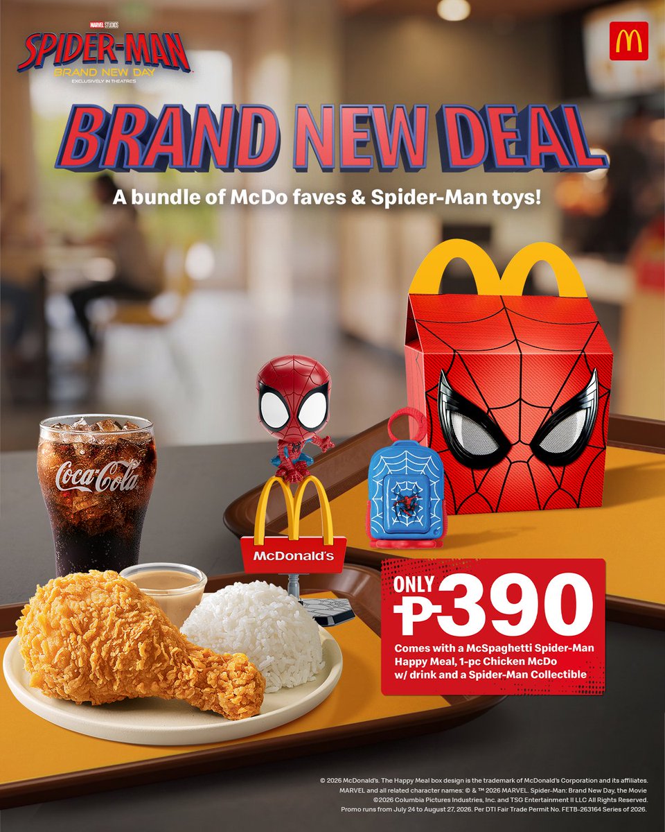 McDo_PH's tweet photo. With great cravings comes a great deal. 🕸️ 

Grab the NEW Spidey Duo Meal for only P390! Available via Dine-in, Take-out, Drive-thru and McDelivery!

#SpiderManBrandNewDay opens exclusively in cinemas July 29. https://t.co/fE44dBqgig