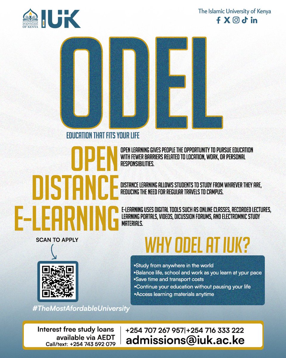 IUKOfficial's tweet photo. With ODeL at the Islamic University of Kenya, you can study from anywhere, access learning materials anytime, balance work and family responsibilities, and progress at your own pace.

📲 Scan the QR code to apply today.

#TheMostAffordableUniversity https://t.co/YU1k9iS6Ec