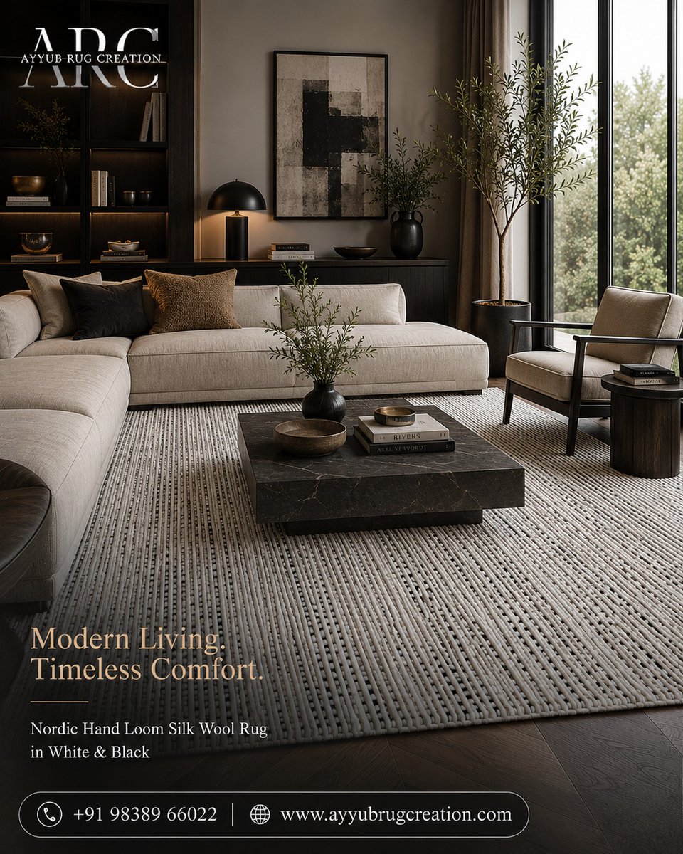 AyyubRug's tweet photo. Luxury begins from the moment you step inside. ✨

Transform every corner of your home with the timeless elegance of our Nordic Hand Loom Silk Wool Rug in White &amp; Black. Whether it's creating a warm bedroom retreat, an inviting living room, a productive study, or a stunning https://t.co/X99rjlU0Kh