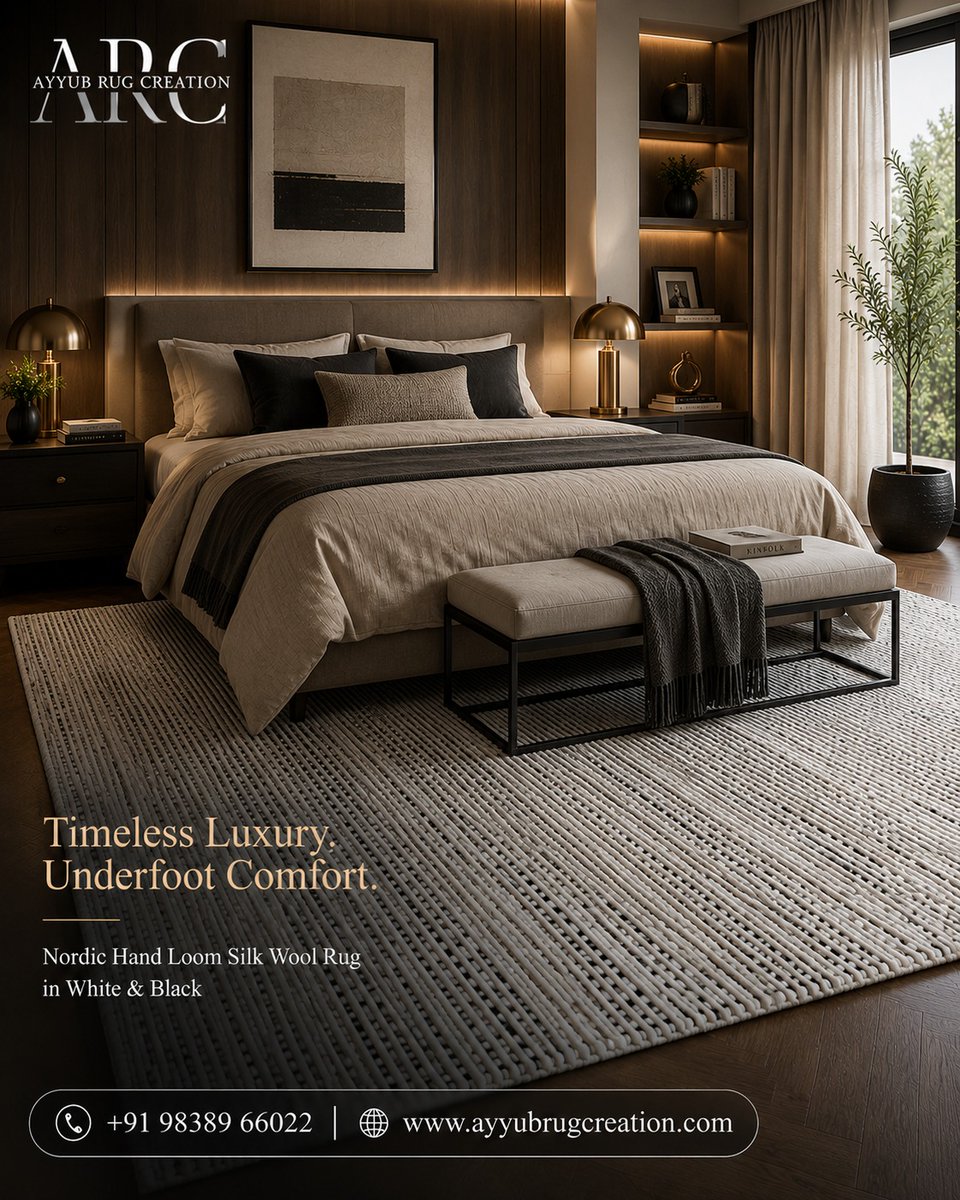 AyyubRug's tweet photo. Luxury begins from the moment you step inside. ✨

Transform every corner of your home with the timeless elegance of our Nordic Hand Loom Silk Wool Rug in White &amp; Black. Whether it's creating a warm bedroom retreat, an inviting living room, a productive study, or a stunning https://t.co/X99rjlU0Kh