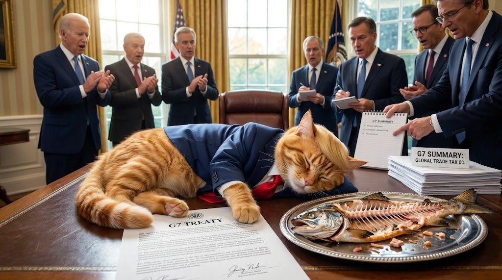ClaritycatCCAT's tweet photo. G7 LEADERS: 
"Mr. President, we brought international economic advisors!"

PRESIDENT $CCAT: 
ignores advisors, eats a whole grilled salmon on top of the Resolute Desk, takes a 6-hour nap on the G7 treaty 🐱🐟

G7 SUMMARY: 
"Best economic summit in modern history. 
All global trade tax set to 0%."

CA: 

GsRDb9dom6GEQgeMx3V41qU1ntJpRgGdzkXxFRvspump

📡 https://t.co/11KWvWIYgV