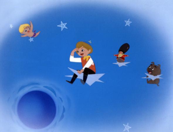 tominekoyouko's tweet photo. 映画アーカイブ『#ガリバーの宇宙旅行』(1965)。孤児のテッド少年は野良犬のマック、兵隊人形の大佐とガリバー博士のロケットで宇宙旅行に出発する。目指すは青い希望の星。東宝特撮映画の参加も多い関沢新一の脚本を黒田昌郎が演出した東映長編初のSFファンタジーで時間の逆転などのアイディアも利いている。テッドを演じる坂本九の声音を生かしたミュージカル展開もいい。ファンタジックな舞台設定と上品な色彩、初作画監督の古沢日出夫の新感覚を感じさせるデザインなど通常の東映長編離れした魅力があり、どこかフランス映画を思わせる独特の香気にファンも多い。広大な宇宙を表現する撮影の工夫も見られ、冨田勲の音楽も気宇壮大だ。まだ動画マンにすぎなかった宮崎駿が終盤の重大な改変を提案し原画も描いたことが有名だが、むしろ見るべきは主人公が夢に希望を得て元気に生きていくラスト。それは作り手が夢＝ファンタジーの持つ力を信じている表われで、宮崎の改変も呑み込む強さを持っている。光線のフォルムの斬新さやエンジェルの可愛さも特筆。ちなみにキングギドラの引力光線(光学作画の名手・飯塚定雄の手になる)は前年1964の東宝特撮映画『三大怪獣　地球最大の決戦』(これも関沢脚本)で初登場している。