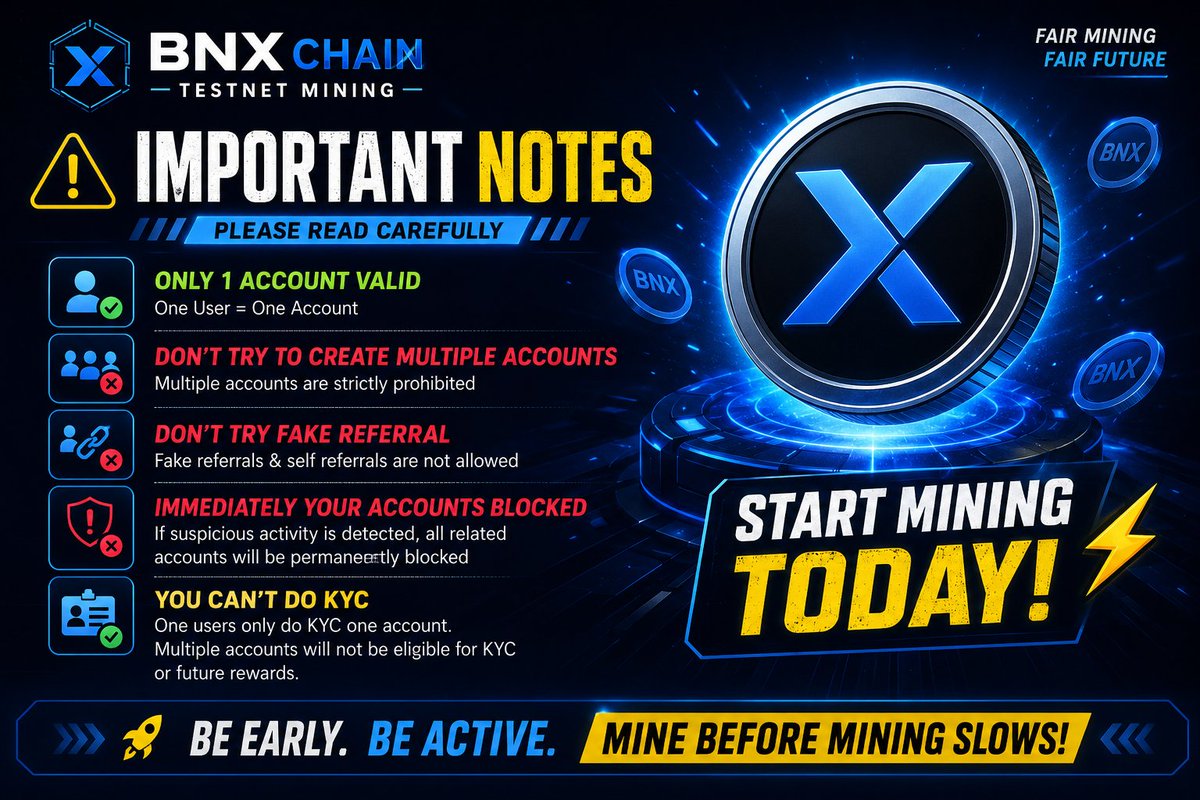 BinoxBlockchain's tweet photo. β οΈ Important Notice β BNX Chain Testnet Mining
π¨ One User = One Account
β Do NOT create multiple accounts.
β Do NOT create fake referrals or use self-referrals.
β Do NOT abuse the mining system.
#BNXChain #BNX #Testnet #Crypto #Mining #Airdrop #Web3 #Blockchain https://t.co/2eqiefpxps