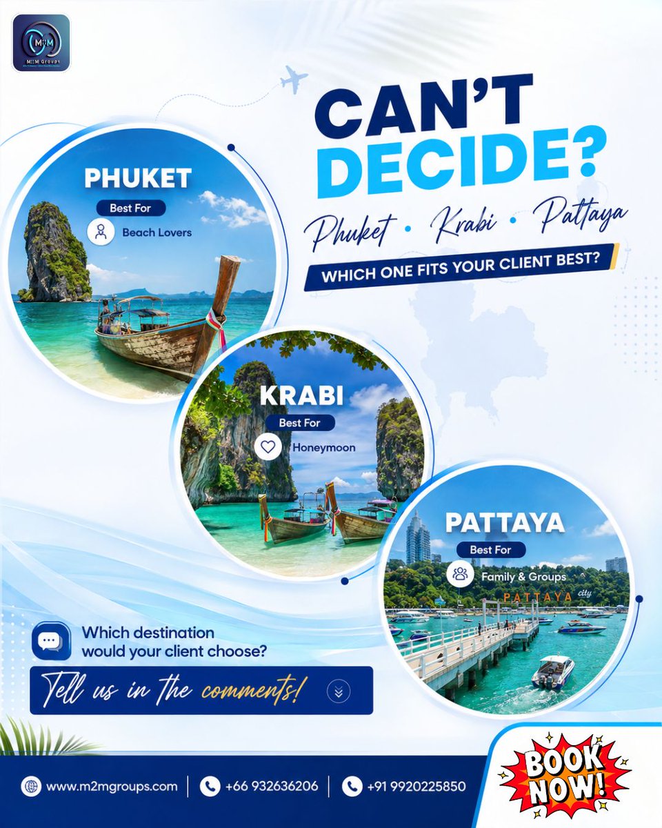M2M_Groups's tweet photo. 🏖️ Beach Lover? 💙 Honeymoon? 👨‍👩‍👧‍👦 Family Trip?
Phuket, Krabi or Pattaya—choose your perfect match! 🇹🇭
#Thailand #TravelAgents #B2BTravel https://t.co/jnooQGB3Cb