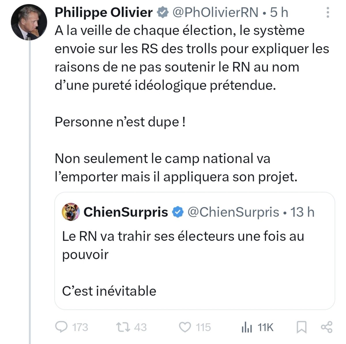 KimJongUnique's tweet photo. Ce conseiller de Marine Le Pen et Tanguy montrent à quel point la com de ce parti est catastrophique.

Ils prennent @ChienSurpris pour un agent du Système, dans un complotisme délirant, alors que son travail d’opposition a plus d’impact que celui des députés du RN.

Je ne comprends pas cet enfermement dans le déni face à une indignation légitime. Ils auraient pu tout simplement expliquer leur abstention et annoncer qu’ils garantiraient la liberté d’expression en la sanctuarisant dans la constitution.

C’était simple d’éteindre l’incendie. Or, ils ont choisi la fuite en avant.