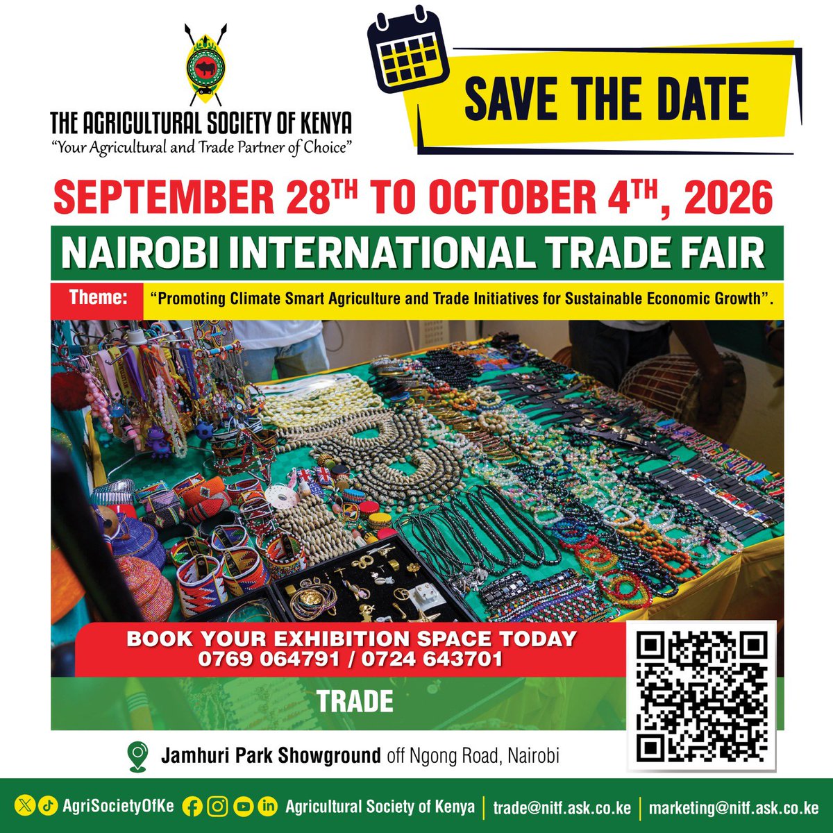 AgriSocietyOfKe's tweet photo. The Nairobi International Trade Fair is East Africa's largest agri trade exhibition, organised by the Agricultural Society of Kenya. Are you ready for the 2026 edition happening from 28th September to 4th October. 
#ClimateSmartAgriculture #NairobiInternationalTradeFair #KaribuNairobiASK #NairobiShow