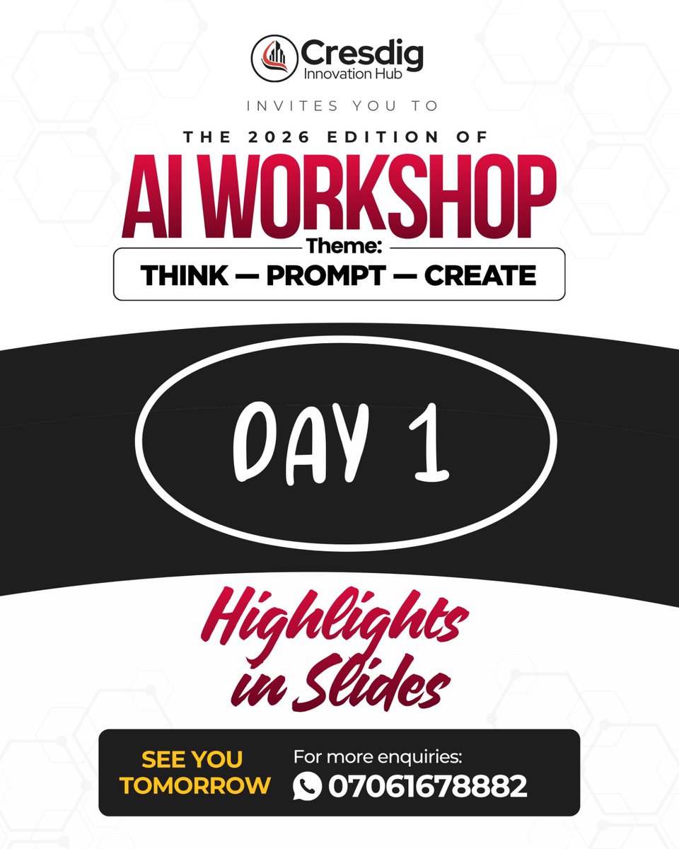 cresdig's tweet photo. AI Workshop 2026 | Day 1 Recap

What an incredible way to kick off this year's AI Workshop!

From learning the fundamentals of Artificial Intelligence to exploring the power of prompts and discovering practical AI tools.
#Cresdig #AIWorkshop2026 #CresdigAI #Lautech https://t.co/6636n3BIvz
