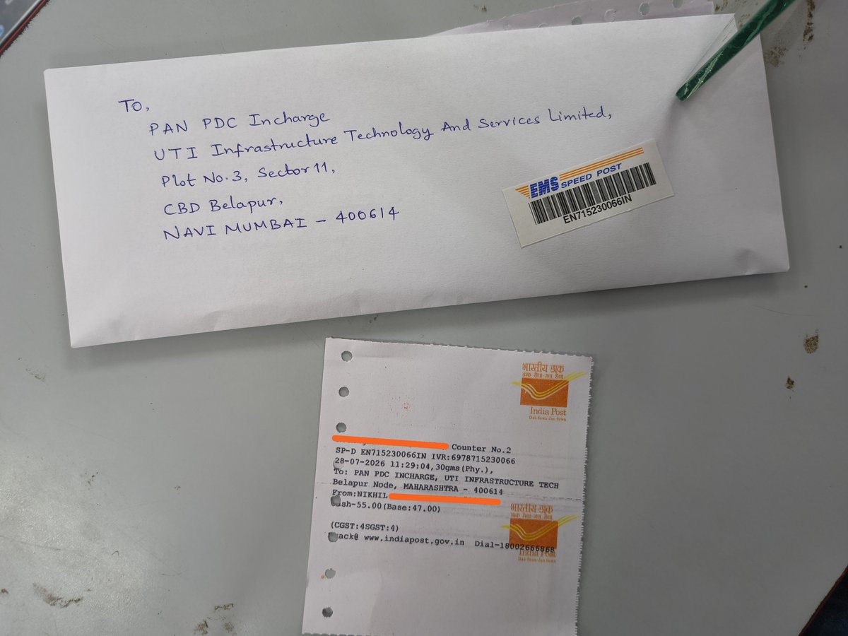 hey_nikl's tweet photo. @UTIPANServices @ProteanEgovTech Just sent the PAN application along with supporting documents to the Mumbai PAN PDC Incharge through Speed Post, for your kind action.

I will follow up on the consignment and update you. https://t.co/ia6u21udPm