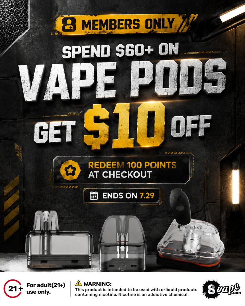 EightVape's tweet photo. 💨 Save $10 OFF $60+ on vape pods!
📅 July 28–29 only.
Stock up & save on your favorite pod systems.
🛒 https://t.co/G4dSXVA6kE
#EightVape #VapePods #VapeDeals #PodSystem #VapeCommunity https://t.co/2a4WecnIWF