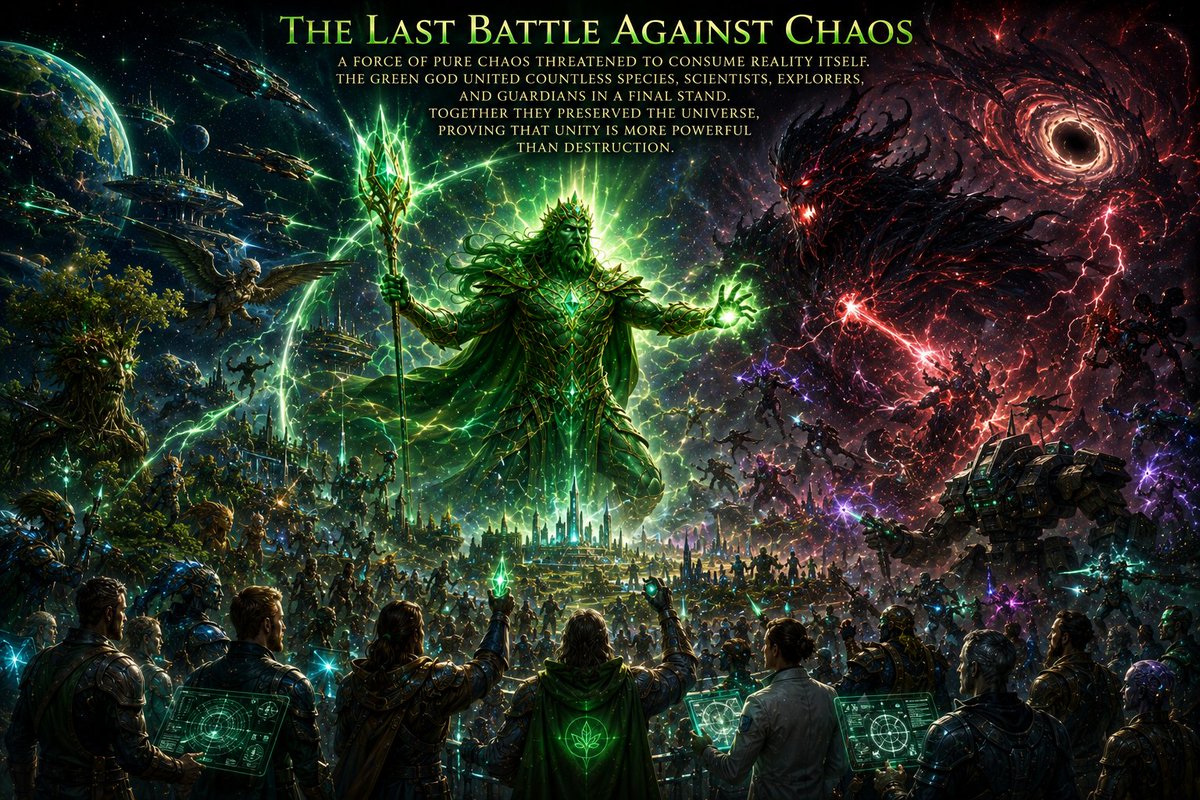 GreenGod_gg's tweet photo. The Last Battle Against Chaos
A force of pure chaos threatened to consume reality itself. The Green God united countless species, scientists, explorers, and guardians in a final stand. Together they preserved the universe, proving that unity is more powerful than destruction.

#solana #crypto #GG @solana