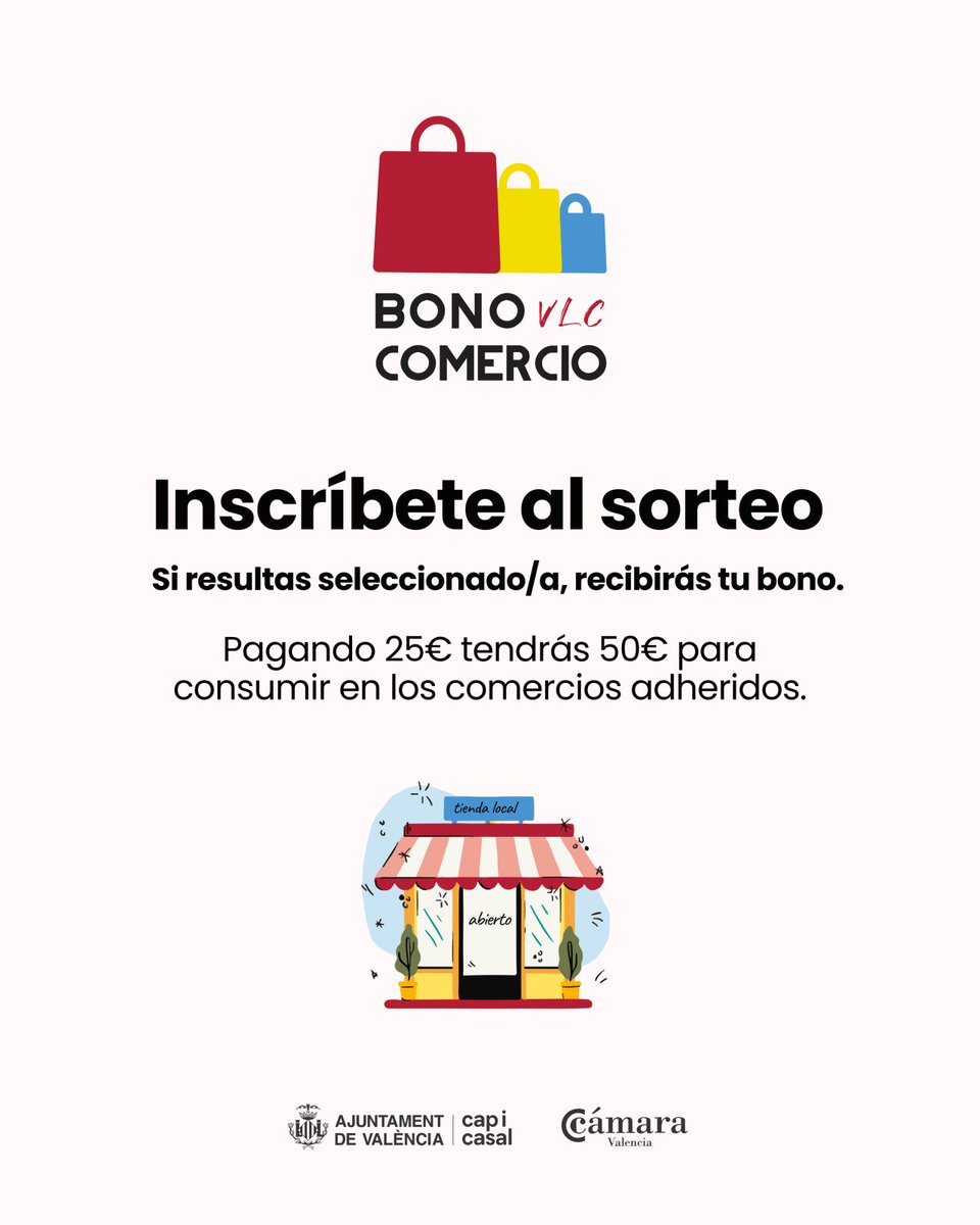 AjuntamentVLC's tweet photo. 💸 Transforma 25 € en 50 € per a gastar en el comerç local de #València. 🛍️

No és màgia. Són els #BonsComerç.

🎟️ Se sortegen 46.041 vals de compra.
📅 Inscriu-t'hi fins al 3 d'agost.

T'ho deixaràs escapar?

📲 https://t.co/JaHFIXjwJg https://t.co/yaFMkyVgrN