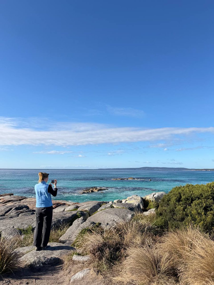 EeShayne013's tweet photo. A person stands on coastal rocks taking a photo of the turquoise ocean under a bright blue sky. The horizon stretches across the background while the rocky shoreline and vegetation frame the scene.
#ALM101DC #LandscapePhotography https://t.co/zrzqTYB5Pi