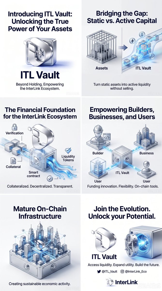 abdullahiladu's tweet photo. Liquidity is one of the most important pillars of every mature blockchain ecosystem.

Holding valuable digital assets is powerful—but unlocking their utility without giving up ownership is what truly expands a decentralized economy.

That’s exactly where @ITLvault Vault comes in.

More than a lending protocol, @ITLvault is a collateral-based Web3 vault designed to strengthen the financial infrastructure of the InterLink ecosystem by enabling capital efficiency, transparency, and on-chain liquidity.

Instead of forcing users to choose between holding their assets or accessing liquidity, @ITLvault bridges the gap by allowing collateralized borrowing within a decentralized framework.

This transforms idle assets into productive capital while maintaining a trustless, transparent, and verifiable on-chain experience.

As the InterLink ecosystem grows with more dApps, businesses, payment solutions, and real-world utility, access to decentralized liquidity becomes increasingly essential.

Builders need capital.

Businesses need flexibility.

Users need financial tools that work without compromising ownership.

@ITLvault is being built to meet those needs.

Every mature blockchain eventually develops a robust financial layer where digital assets become more than investments—they become productive instruments that power innovation, entrepreneurship, and economic activity.

That’s the direction @ITLvault represents.

It isn’t simply about borrowing against collateral.

It’s about unlocking new possibilities for participation across the InterLink ecosystem.

Capital that was once static can become active.

Liquidity that was once inaccessible can fuel new opportunities.

Innovation that once depended on centralized intermediaries can move entirely on-chain.

The strongest Web3 ecosystems are defined not only by their technology but by the financial infrastructure they provide to their communities.

@ITLvault is laying the foundation for that infrastructure within InterLink—where transparency replaces trust, smart contracts replace unnecessary intermediaries, and asset utility extends far beyond simply holding tokens.

This is more than decentralized finance.

It’s the evolution of asset utility, liquidity access, and sustainable on-chain innovation.

As InterLink continues to expand, protocols like @ITLvault will help transform digital assets from passive holdings into engines of economic activity.

The future of Web3 belongs to ecosystems where every asset can work smarter.

@ITLvault  is helping build that future—one block, one vault, and one innovation at a time. 

#ITLVault #Interlink #ITLG #ITL