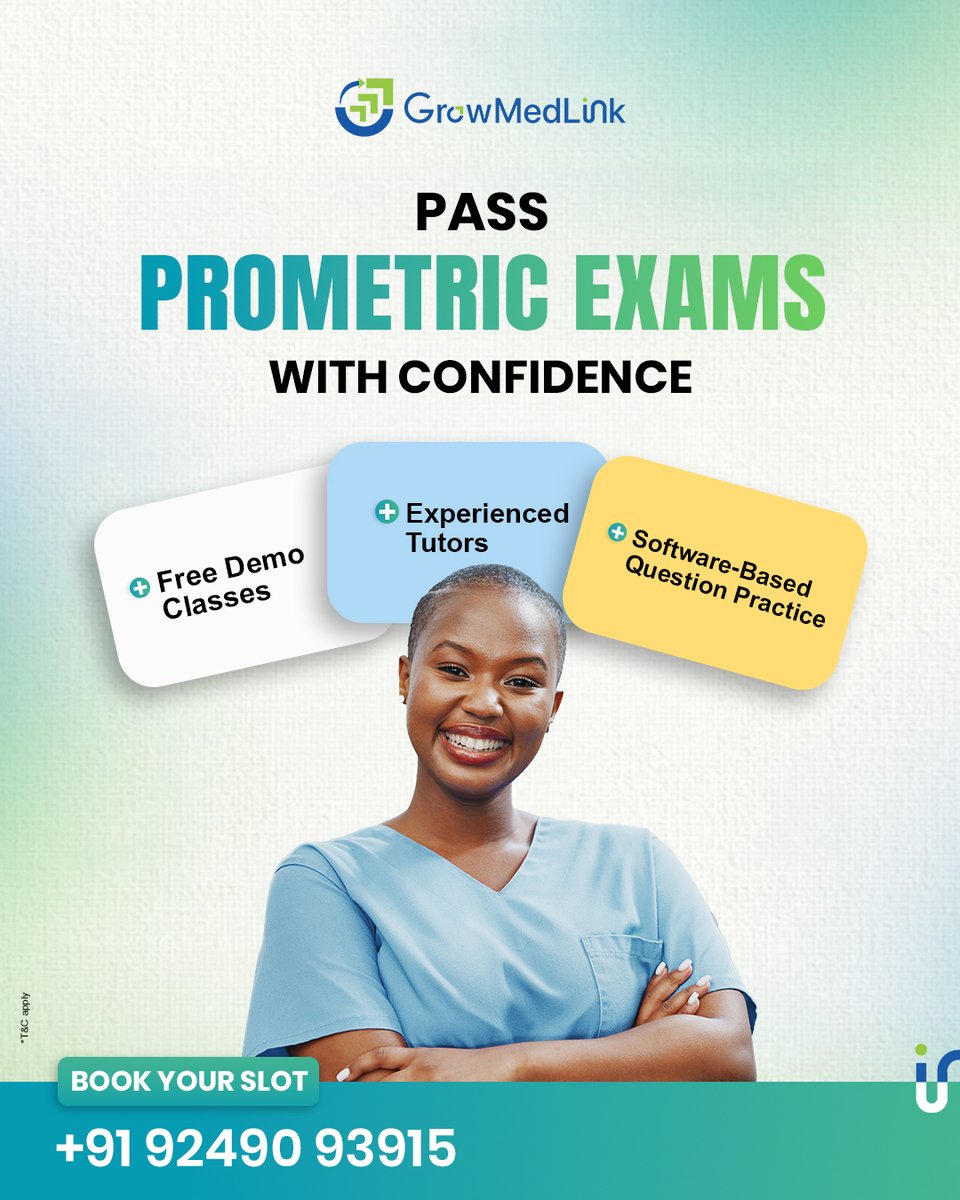 growmedlink's tweet photo. Pass Prometric Exams with Confidence! 🎯

Book your slot today with GrowMedLink! Benefit from Free Demo Classes, Experienced Tutors &amp; Software-Based Question Practice.

📞 +91 92490 93915

#PrometricExams #GrowMedLink #MedicalExams #HealthcareJobs https://t.co/3RaXCVqPCe