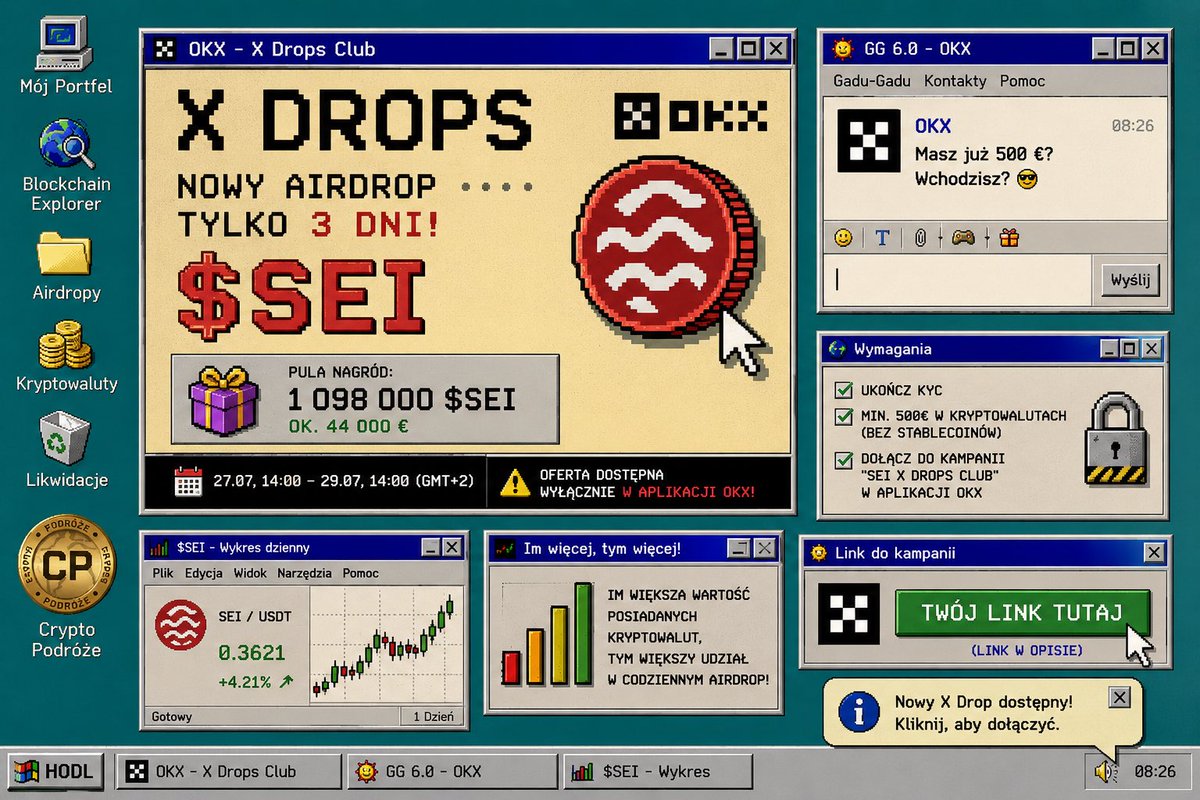 CryptoPodroze's tweet photo. 🎁 Nowy X Drops na OKX – tym razem z tokenem SEI!

Przez 3 dni użytkownicy OKX mogą wziąć udział w kampanii z pulą 1 098 000 $SEI (ok. 44 000 €).

✅ Wymagania:
• ukończone KYC
• min. 500 € w kwalifikujących się kryptowalutach (bez stablecoinów)
• dołączenie do kampanii X Drops Club w aplikacji OKX (nie działa w wersji web)

📅 Kampania trwa do 29 lipca, godz. 14:00 (GMT+2).

Im większa wartość kwalifikujących się kryptowalut na koncie, tym większy udział w codziennym airdropie.

🔗 Mój link:

https://t.co/jdls2wtJWv

💡 Klikając w link znajdziecie również więcej szczegółów o aktualnych bonusach dla nowych użytkowników:
🎁 do 400 € bonusów oraz 8% od depozytu.
🤜🤛